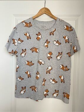 Zoe + Liv Corgis Gray Tee with Brown & White Print